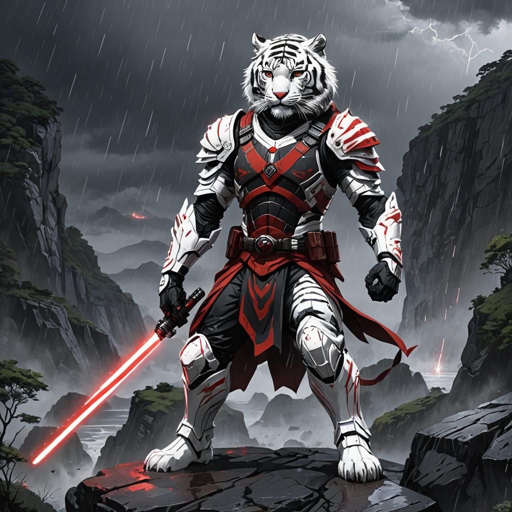 Armored White Tiger with Lightsaber in Anime Style
