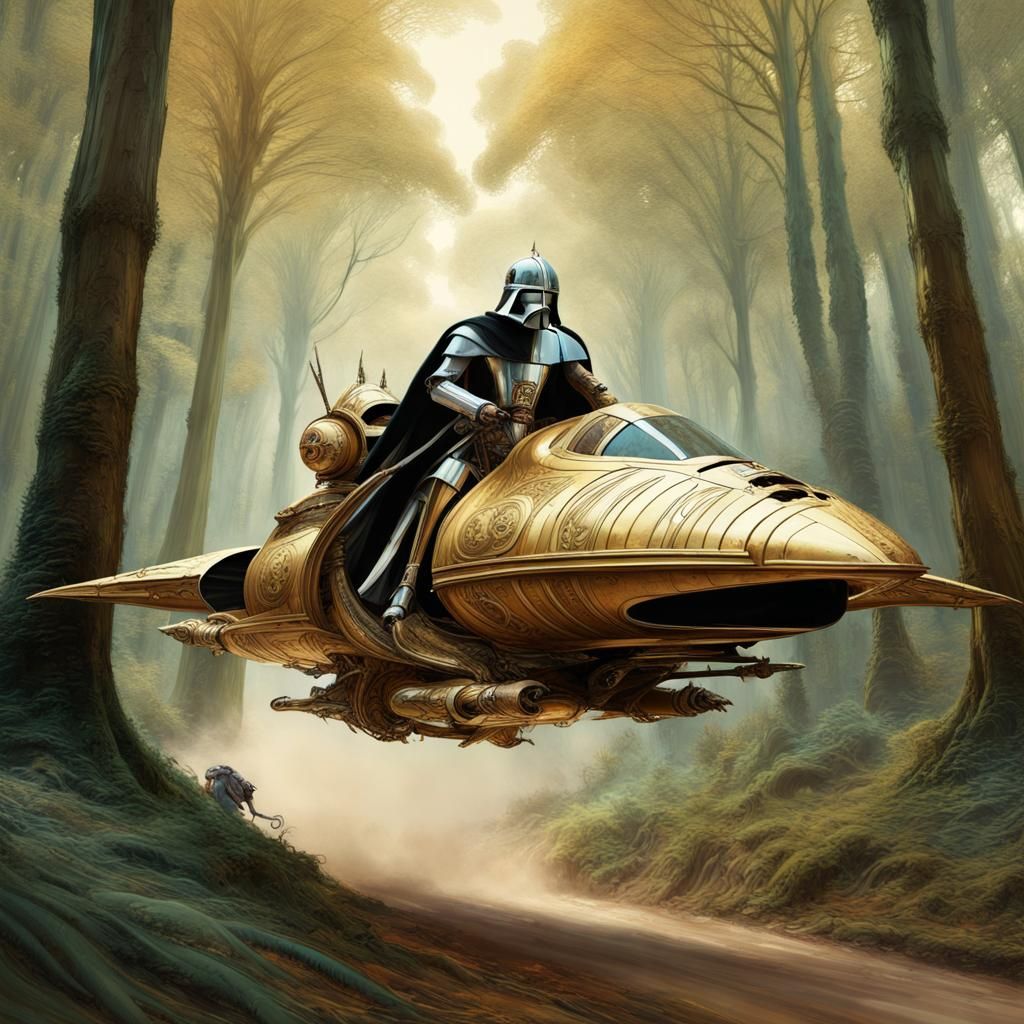 Medieval knight on his personal starwars landspeeder