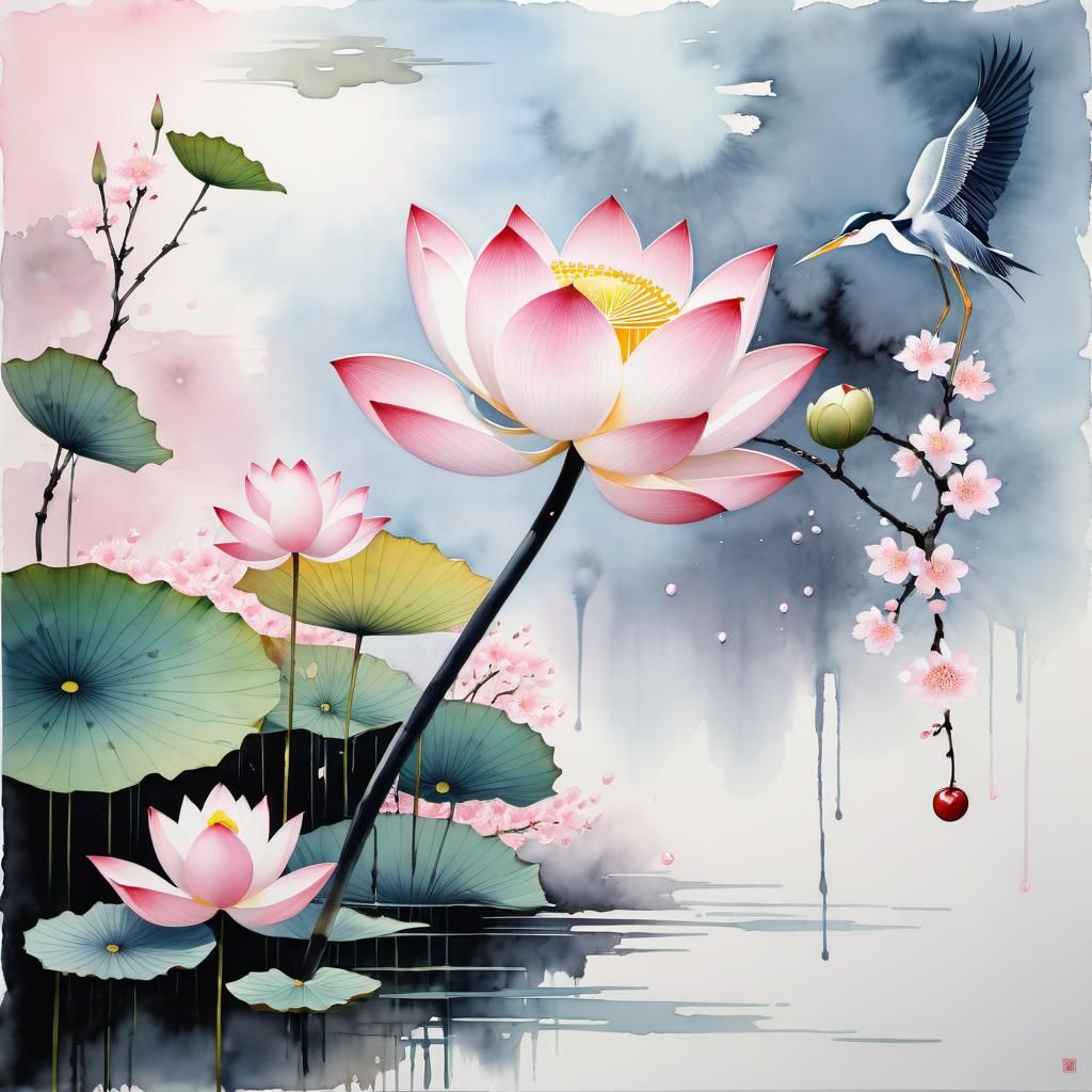 Lotus Flower and Heron in Modern Ink Style