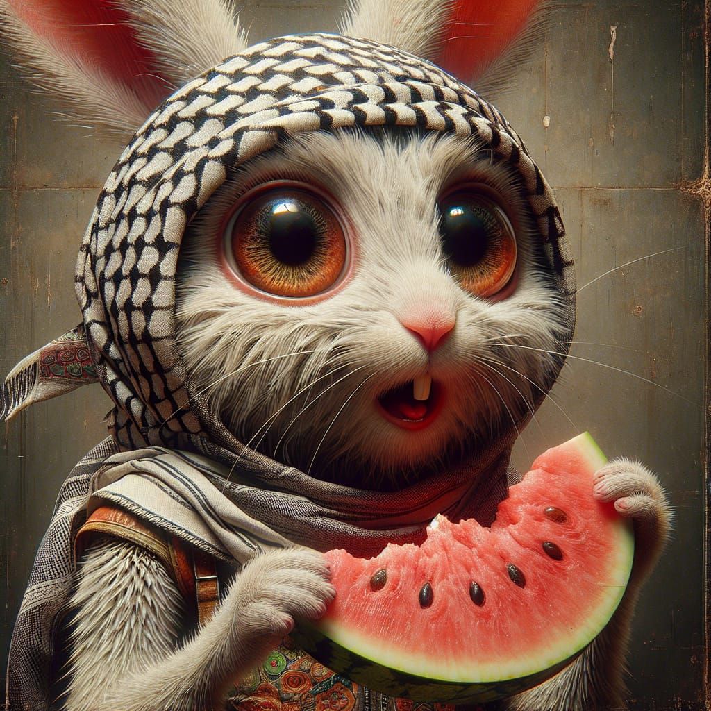 Rabbit with Keffiyeh Enjoys Watermelon: 3D Digital Art