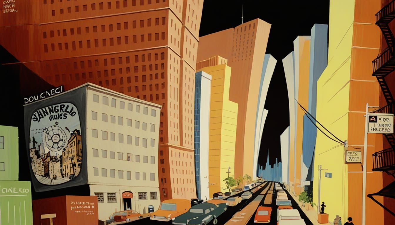 surreal vanishing point city view of leaning buildings