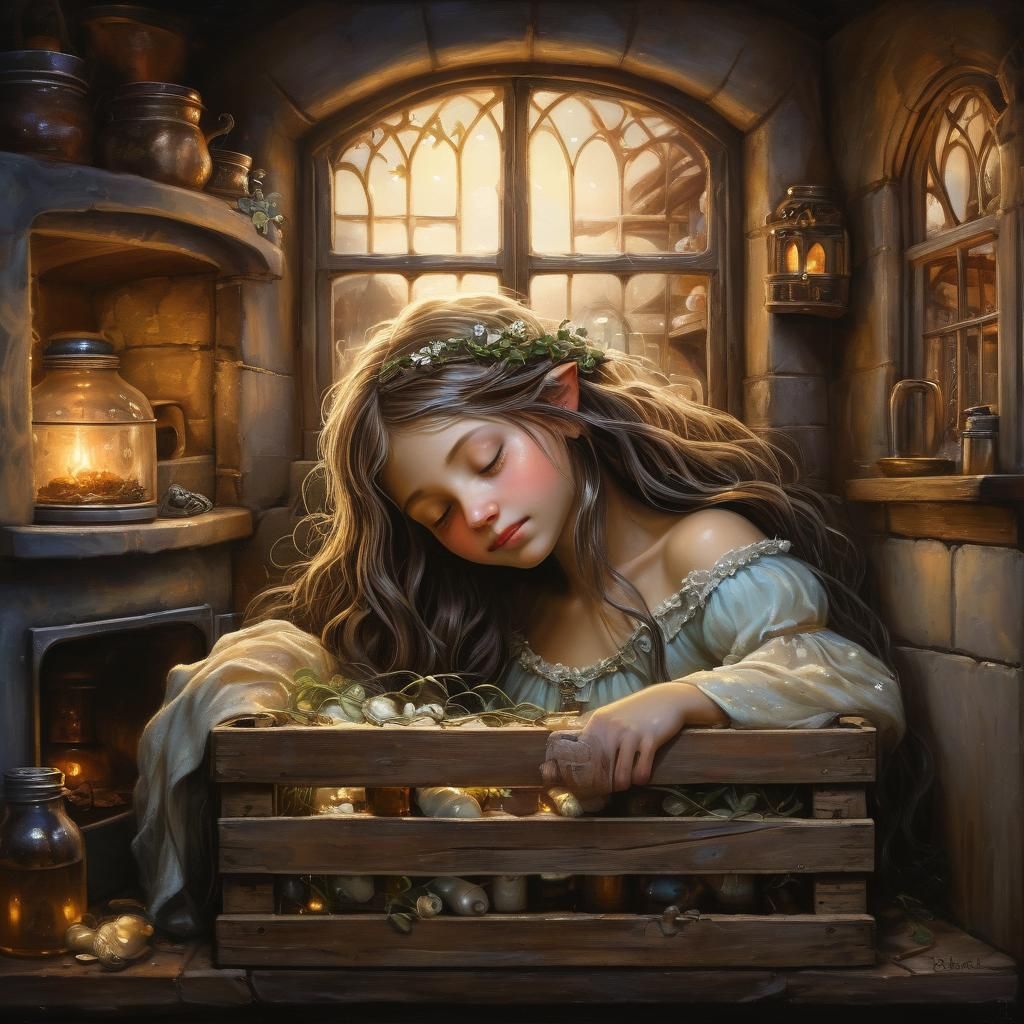 Fairy in a Milk Crate: Whimsical Realism Oil Painting