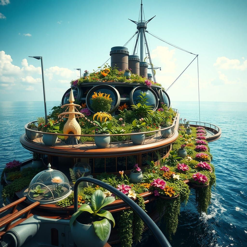 Majestic Sea Ship with Exotic Flowers in Geodesic Domes