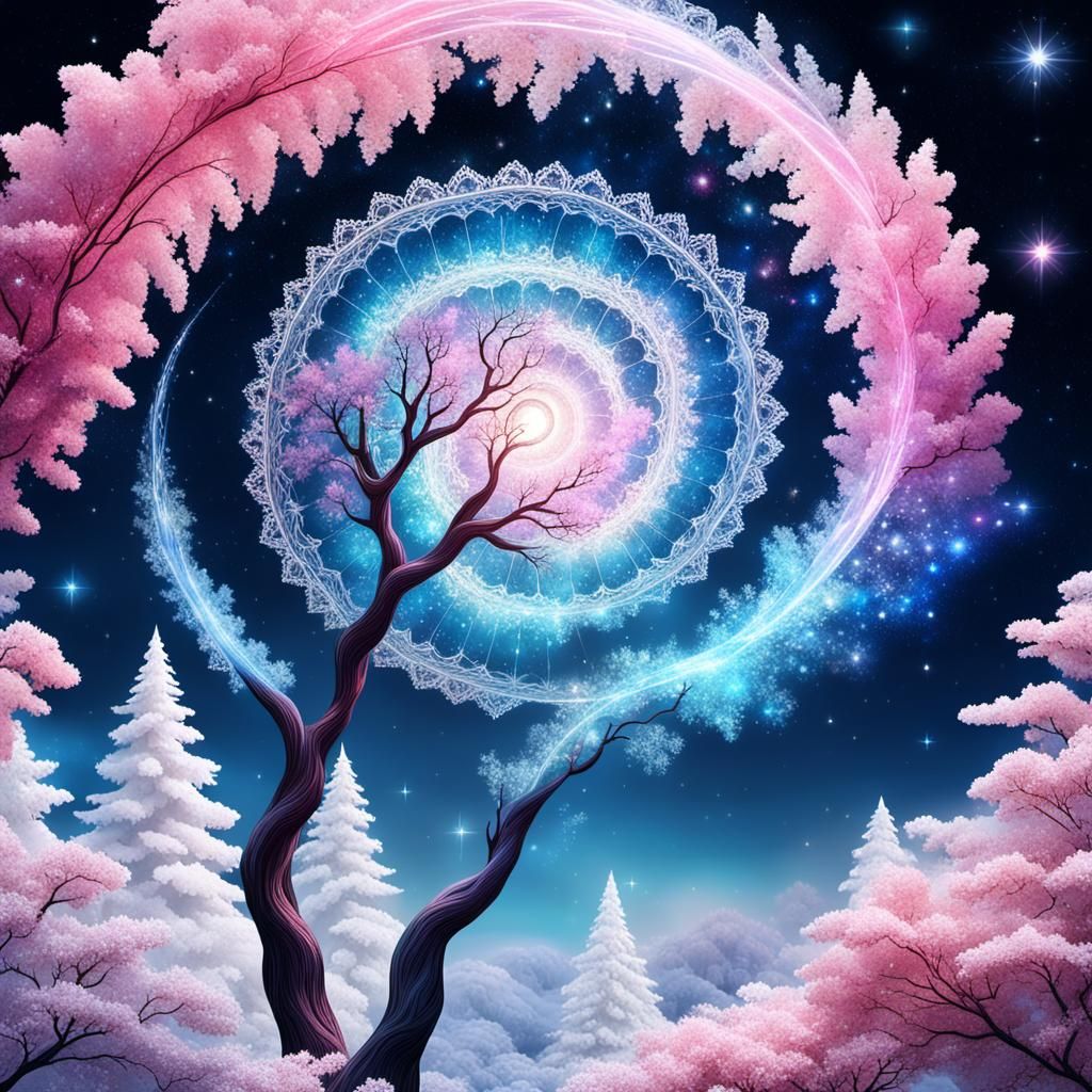 Luminous Crystal Tree Under a Starry Nebula