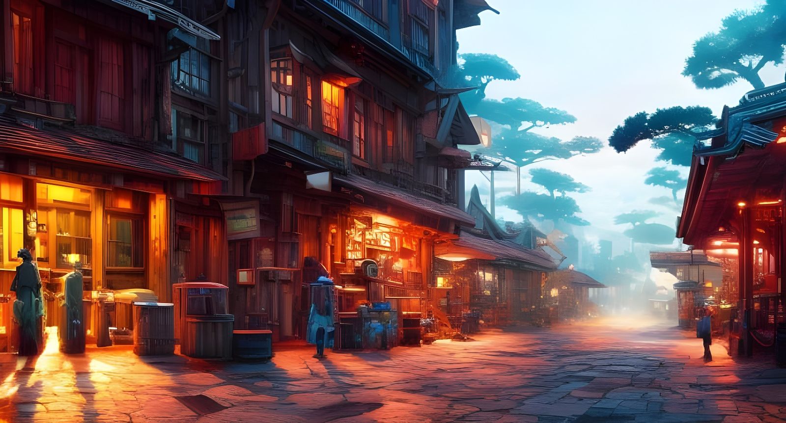 Steampunk Restaurant Exterior in Gouache Illustration