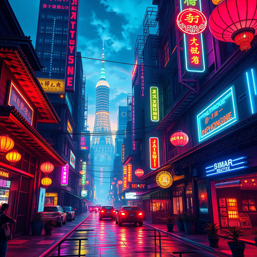 Vibrant Indochine Cityscape at Dusk in Fantasy Style