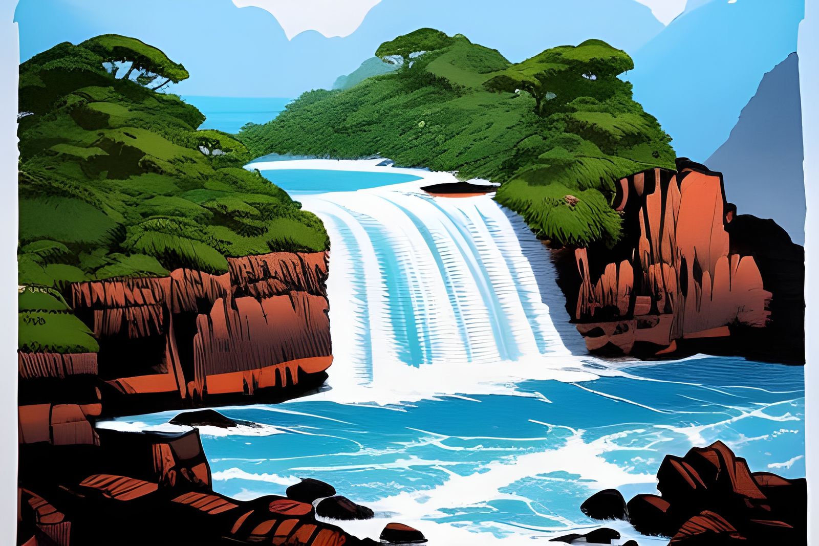 Ocean Waterfall Illustration in Ink and Cel-Shaded Style