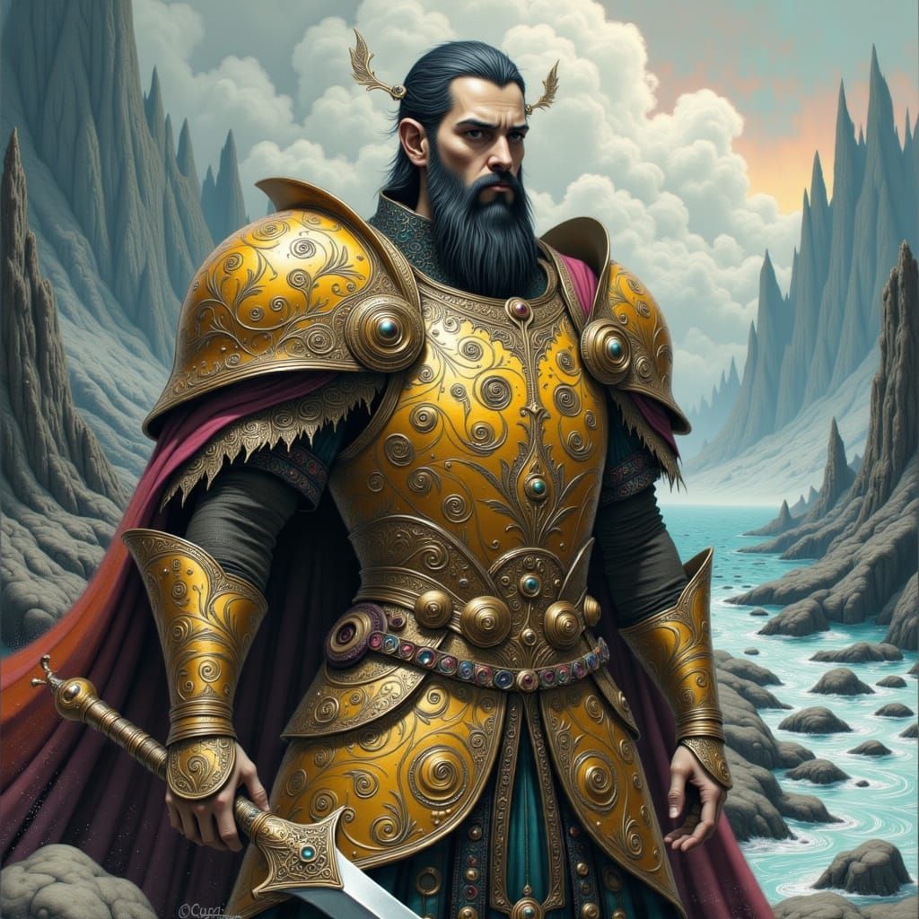 Norse God Tyr in Golden Armor, Fantasy Art