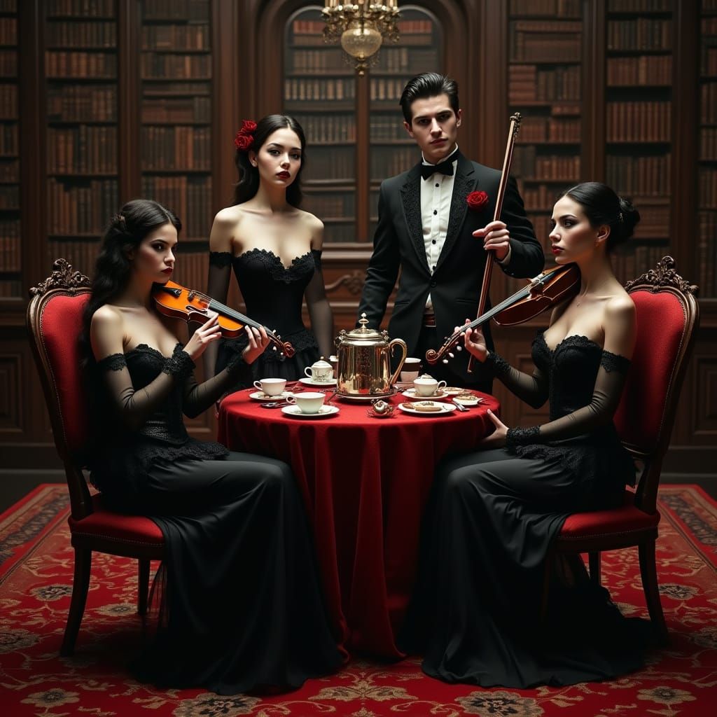 Gothic Vampires Savor High Tea in Haunted Library