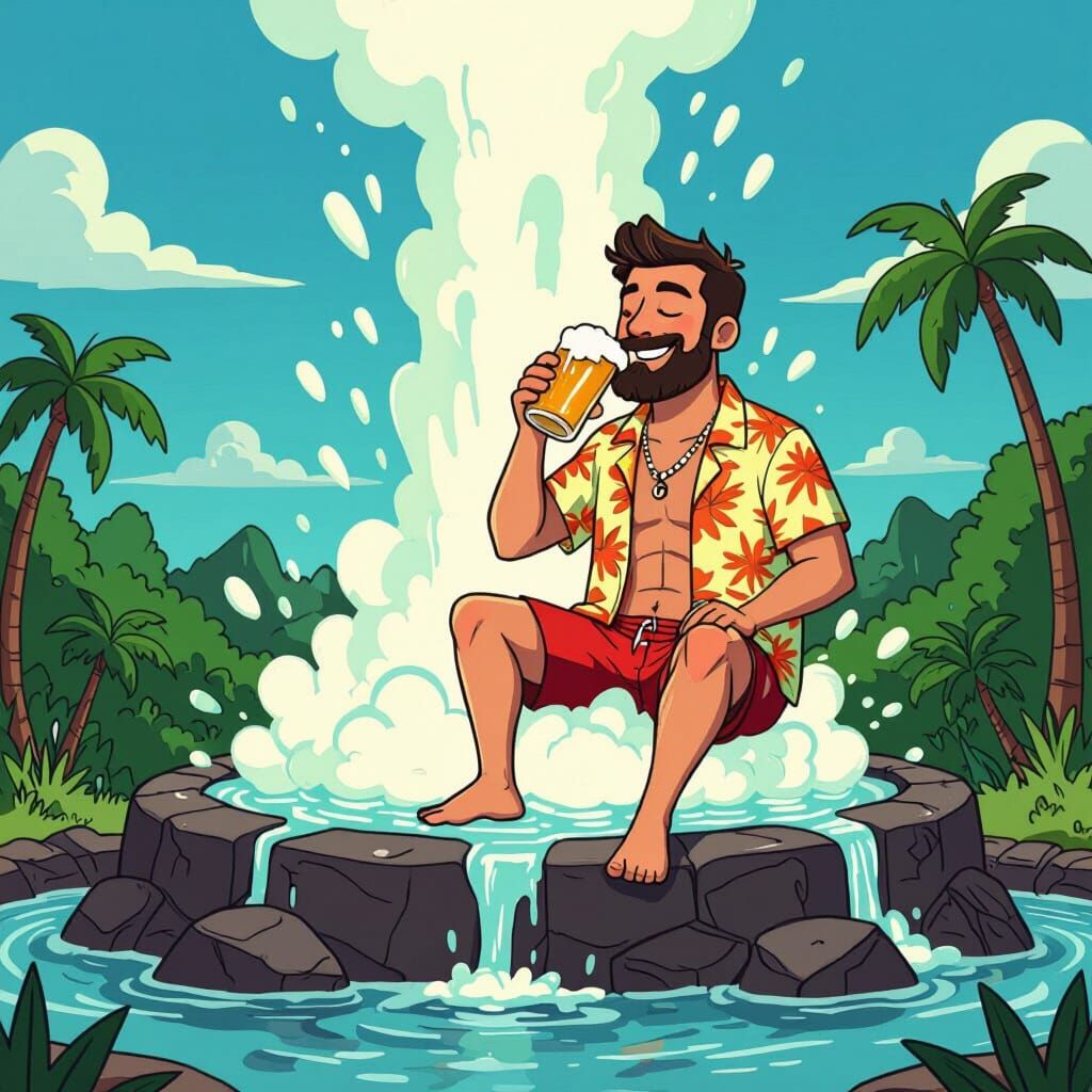 Cartoon Man Rides Hot Spring Geyser