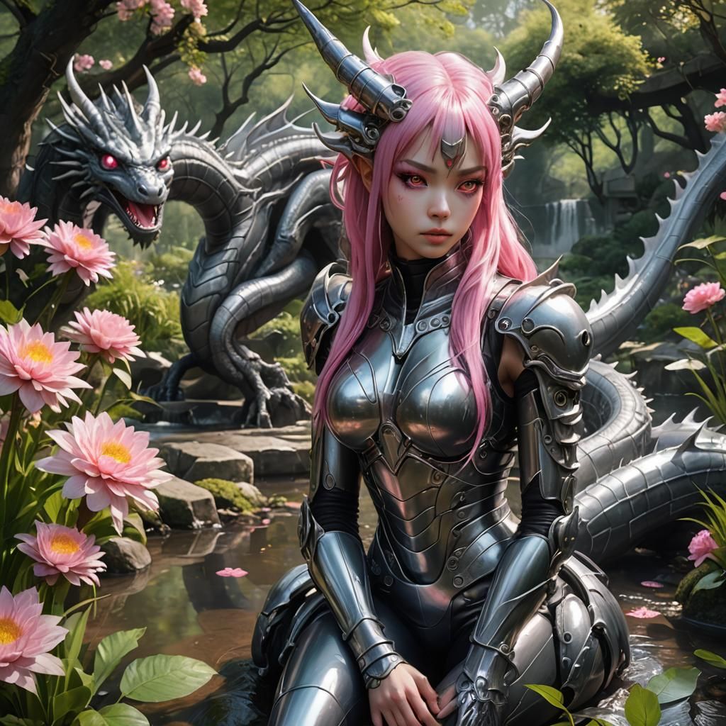 Giger Dragon and Manga Girl in Spring Garden