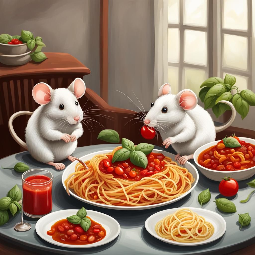 A small family of mice in a humble house sitting at a table, dinner plates with a variety of different kinds of deliciou...