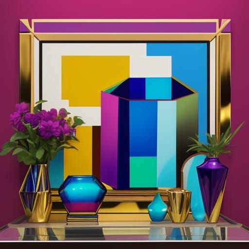 Angular Cubist Still Life with Glass Vases and Aluminum Scul...