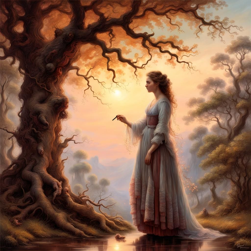 Woman Touches Luminous Tree at Dawn