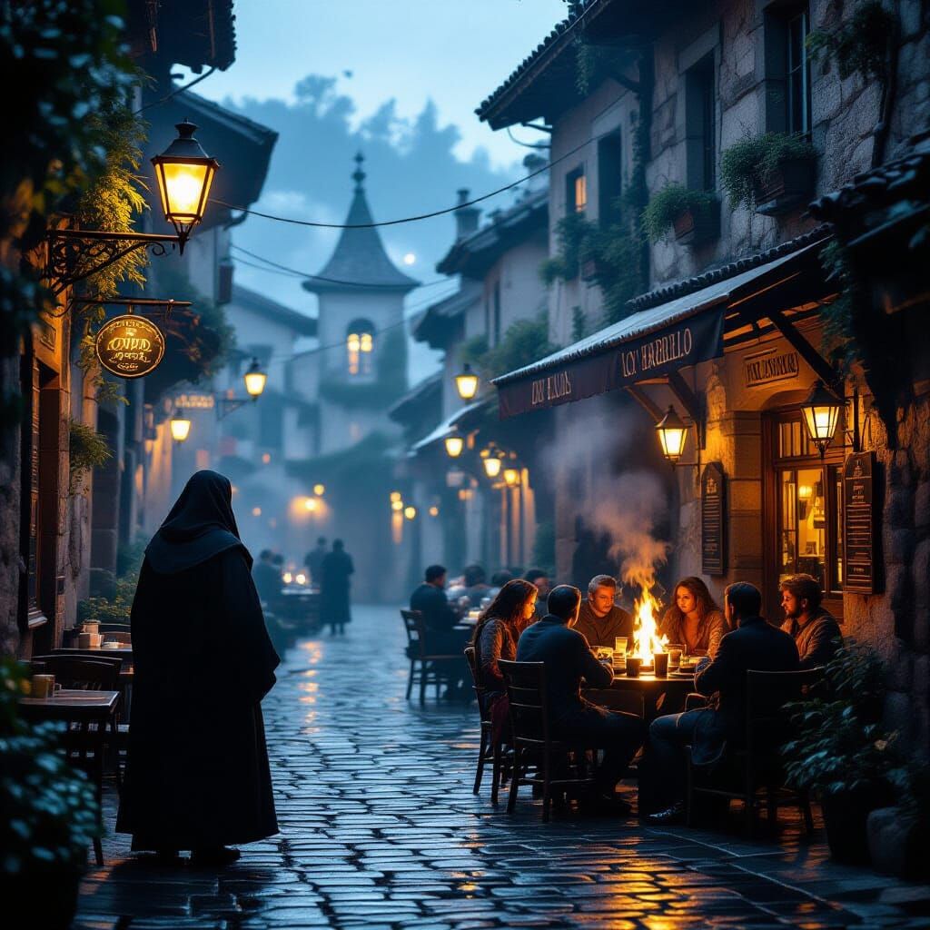 Mysterious Figure Watches Medieval Tavern in Stormy Night