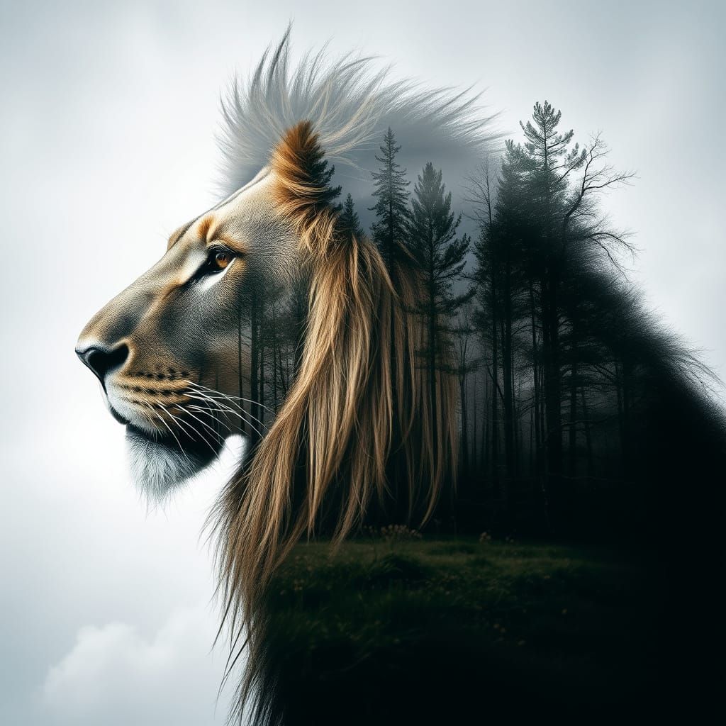 A Majestic Lion Amidst a Vibrant Forest in Double Exposure
