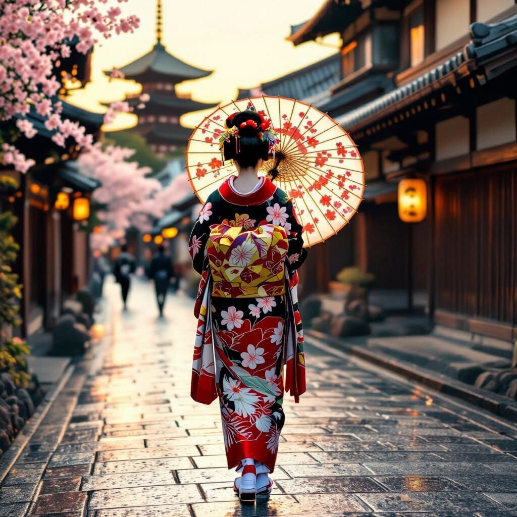 Kyoto Geisha in Sakura Kimono, Ukiyo-e Style