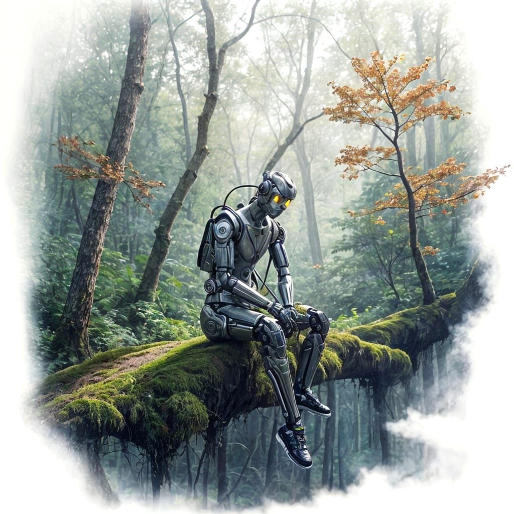 Robot Meditating in Forest: Stylized Watercolor Art