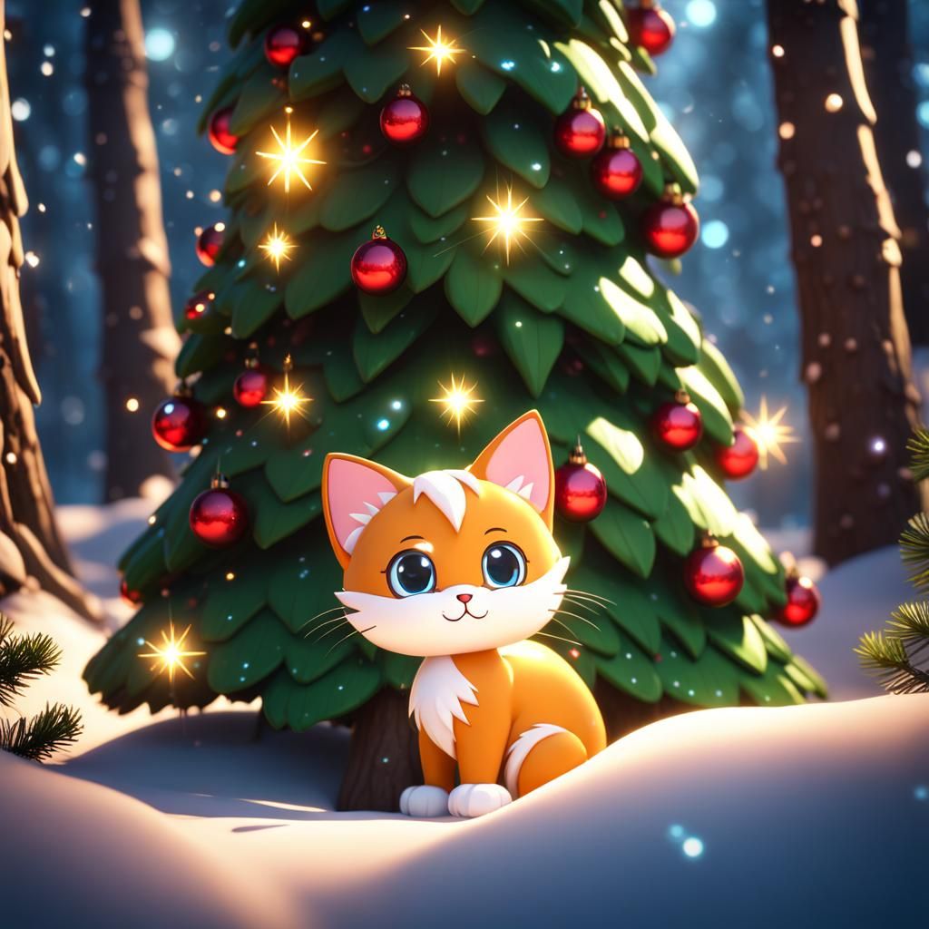 Anime Christmas Tree Cat in Sparkling Forest