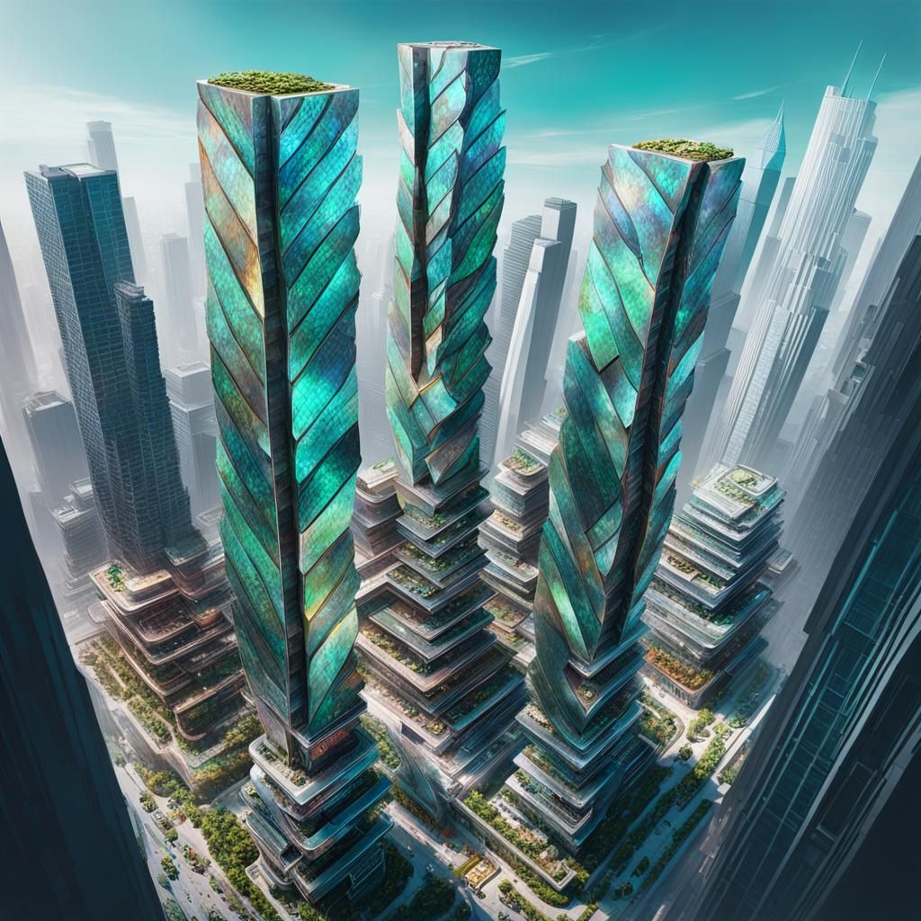 Abalone Skyscrapers with Walkways: Hyperrealistic Concept Ar...