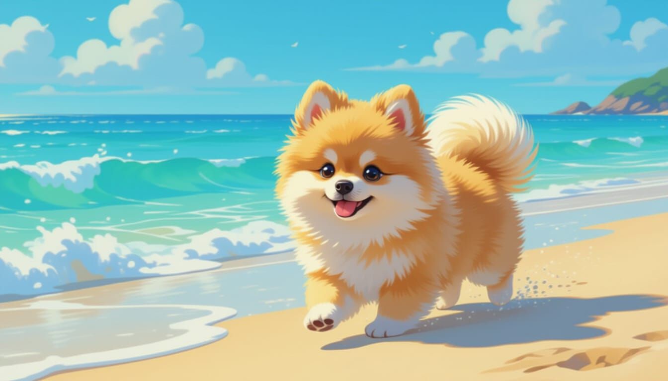 Pomeranian Puppy Frolics on Beach in Pastel Colors