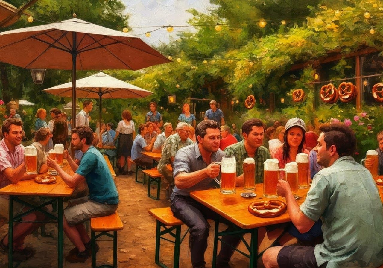 Rustic Beer Garden Scene in Romantic Style