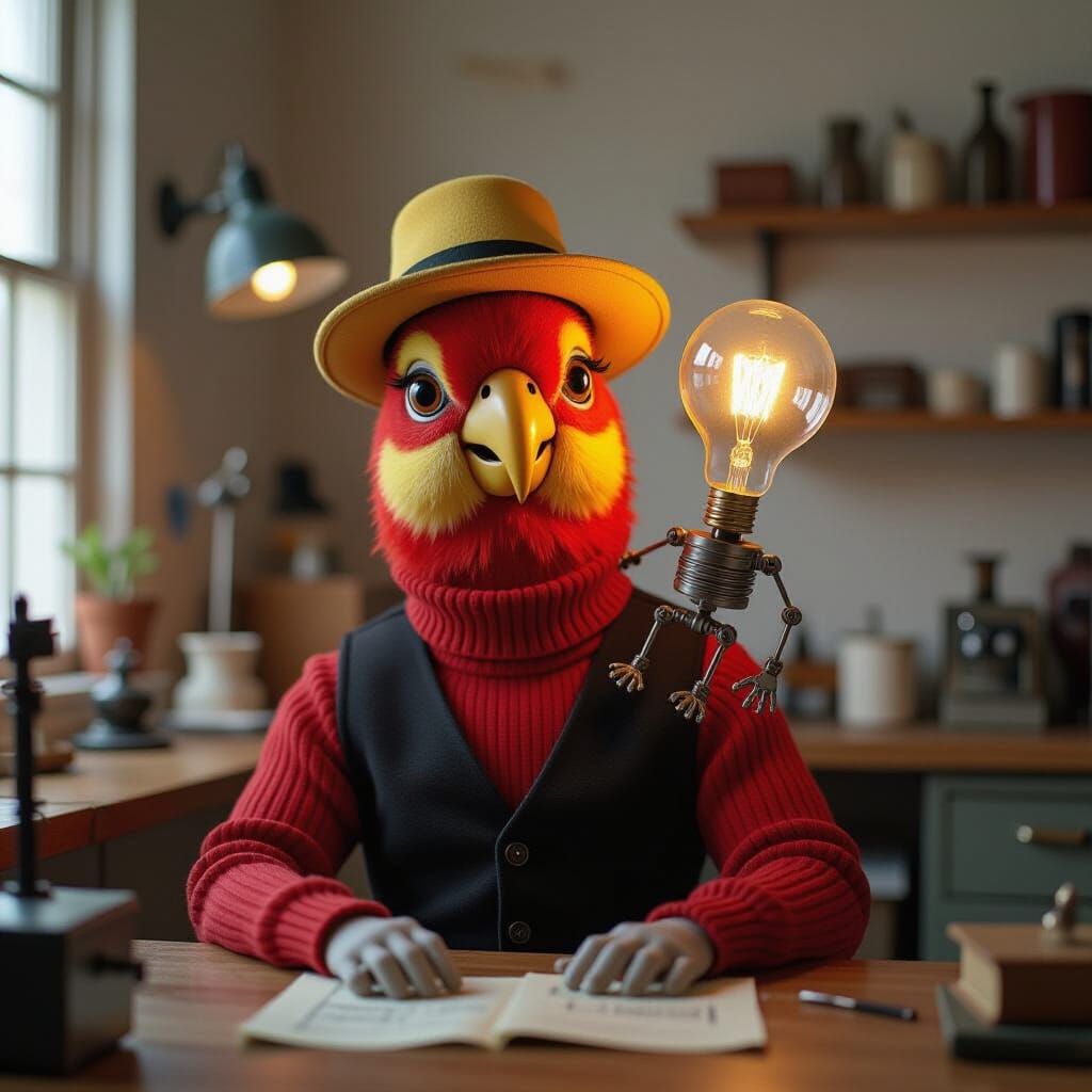 Parrot Inventor with Lightbulb Figurine in Laboratory