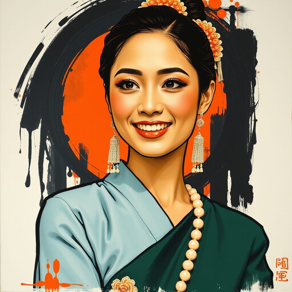 Smiling Thai Woman in Pop Art Impressionist Style