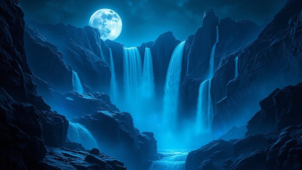 Hyperrealistic Waterfalls in Deep Sapphire Blue