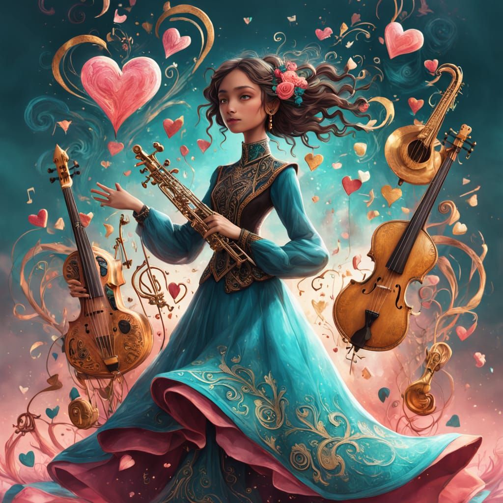 Whimsical Heart Music Scene in Delicate Pink and Turquoise