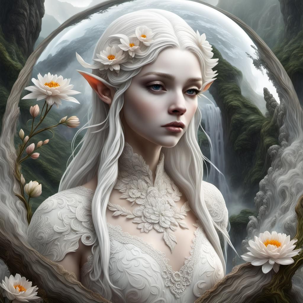 Marble Elf Portrait in Glass Sphere, Digital Matte Painting