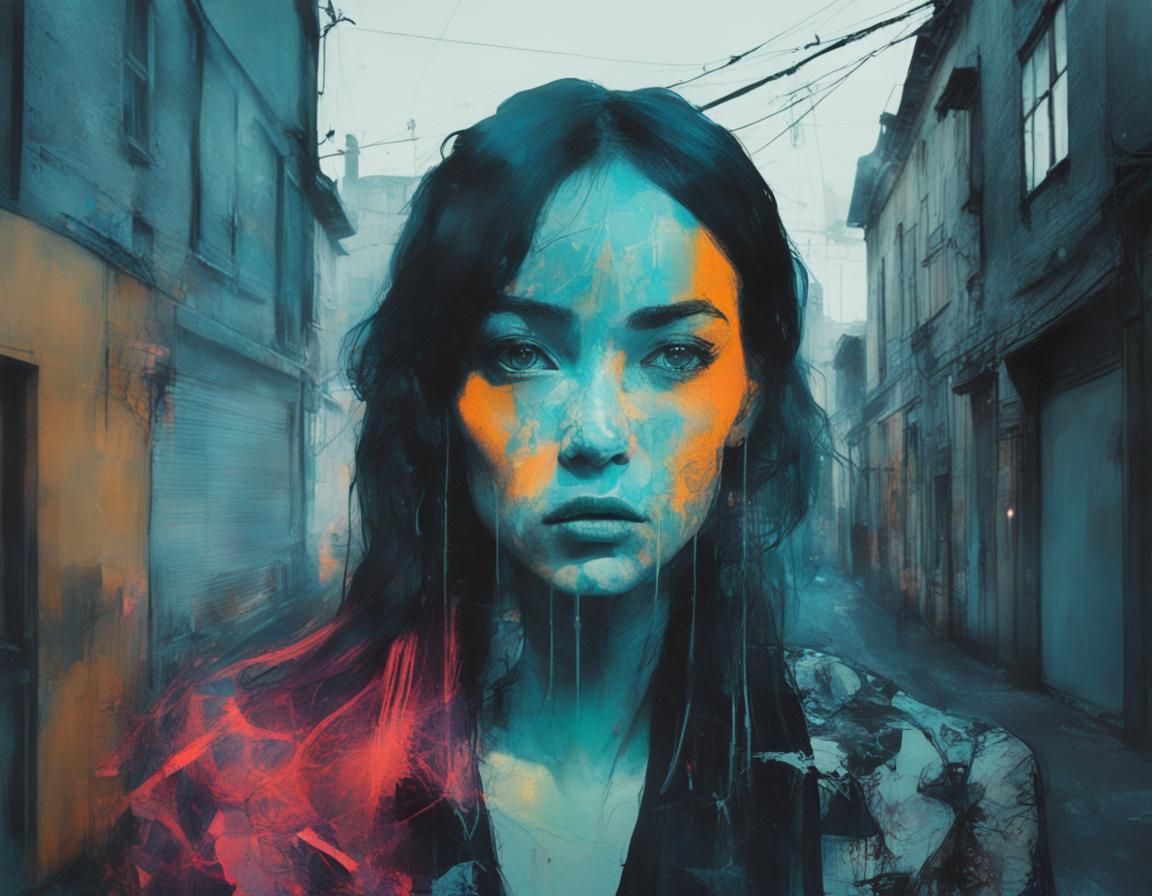 Neon Goddess in Urban Alleyway, Double Exposure