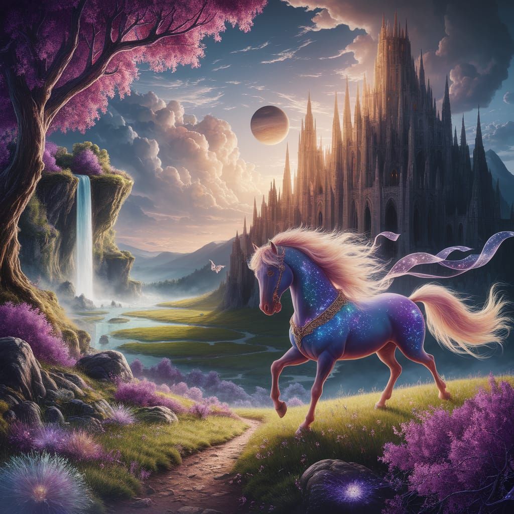 Epic Fantasy Castle City with Ethereal Horse