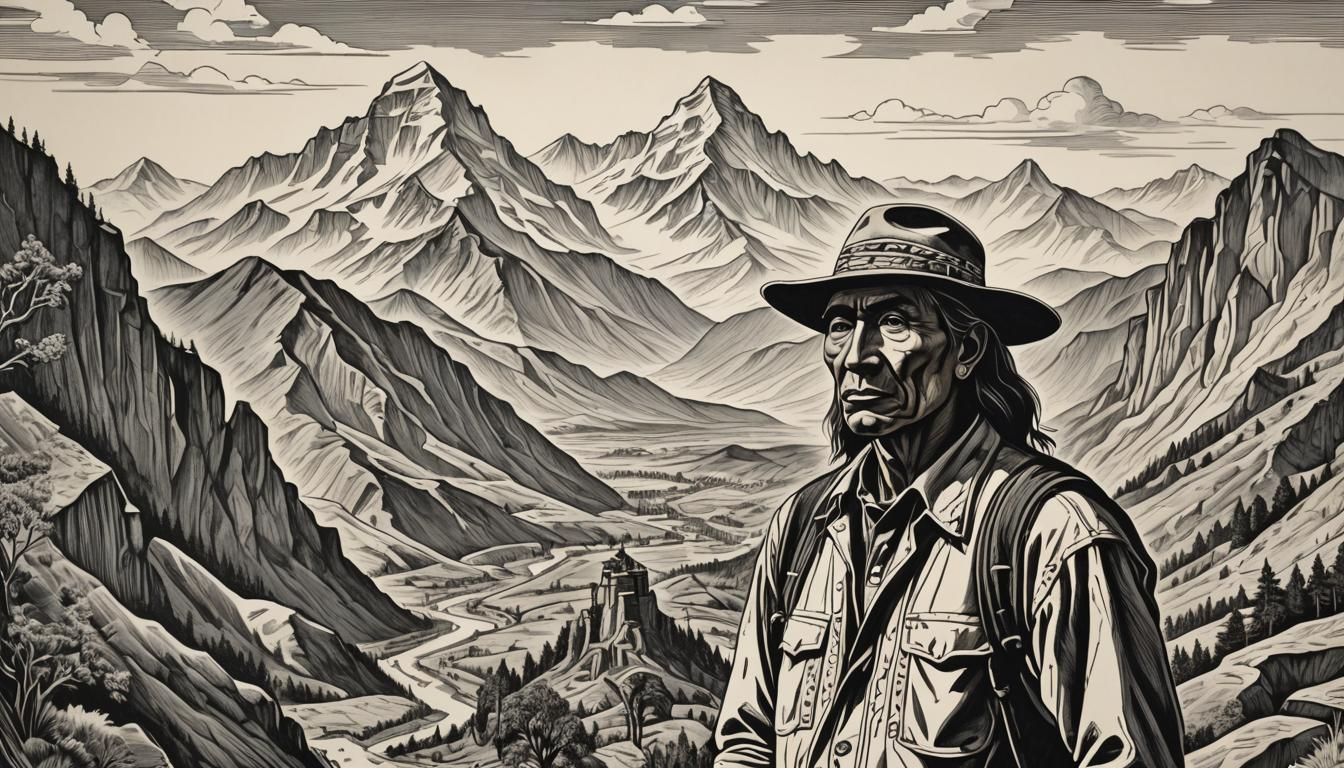 Native American Man in MC Escher Style Drawing