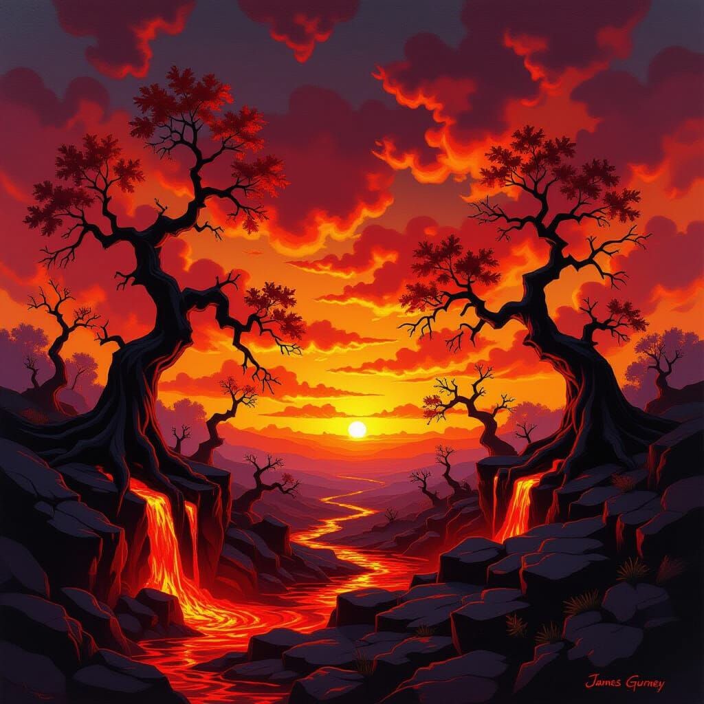 Fiery Autumn Landscape in Impasto Oil Painting Style