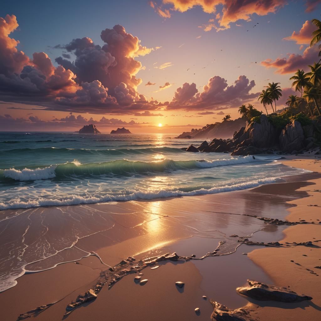 Vivid Sunset Over Serene Beach: Fantasy Concept Art