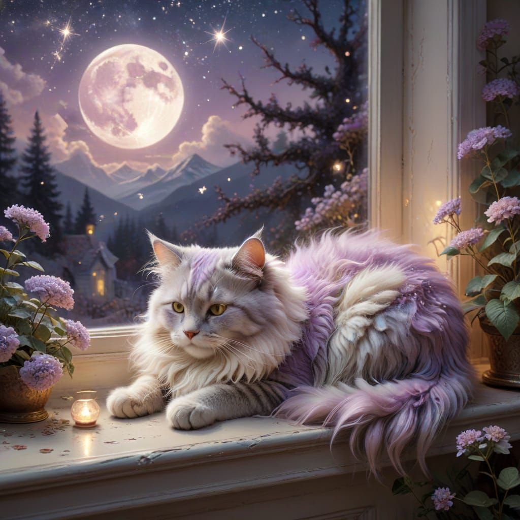 Fluffy Cat by Moonlight in Vintage Postcard Style