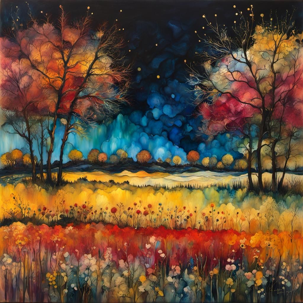 Abstract Encaustic Landscape in Vivid Colors
