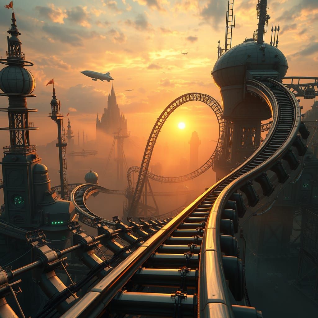 Neo-Futurist Steampunk Rollercoaster in Floating Sky-City
