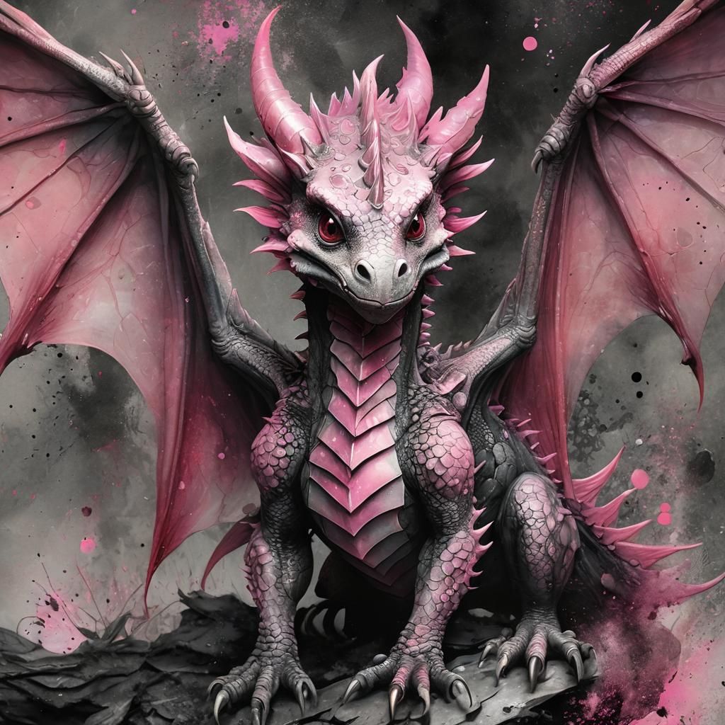 Pink Dragon in Surreal Watercolor Mixed Media