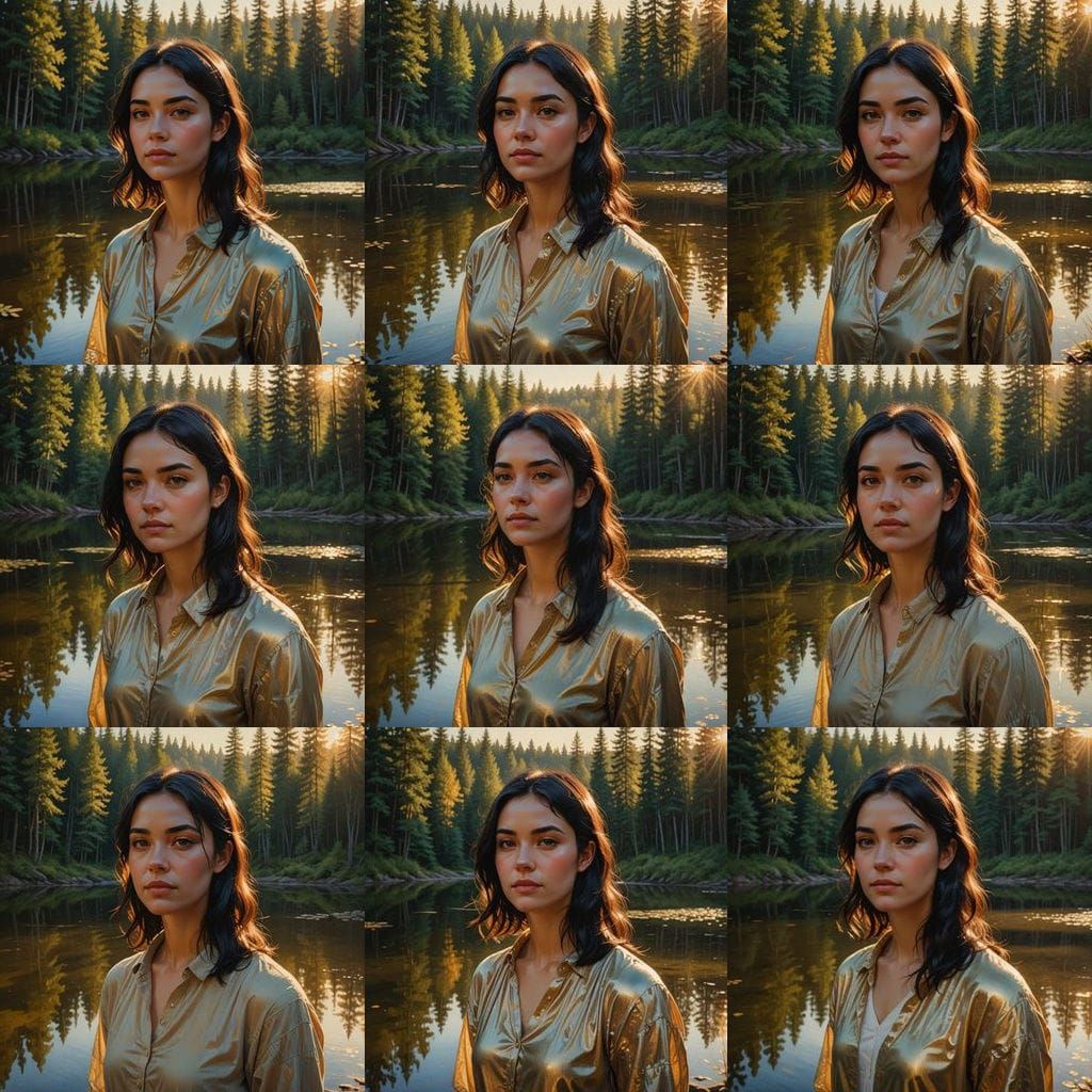 Woman by Forest Lake in Romantic Realism