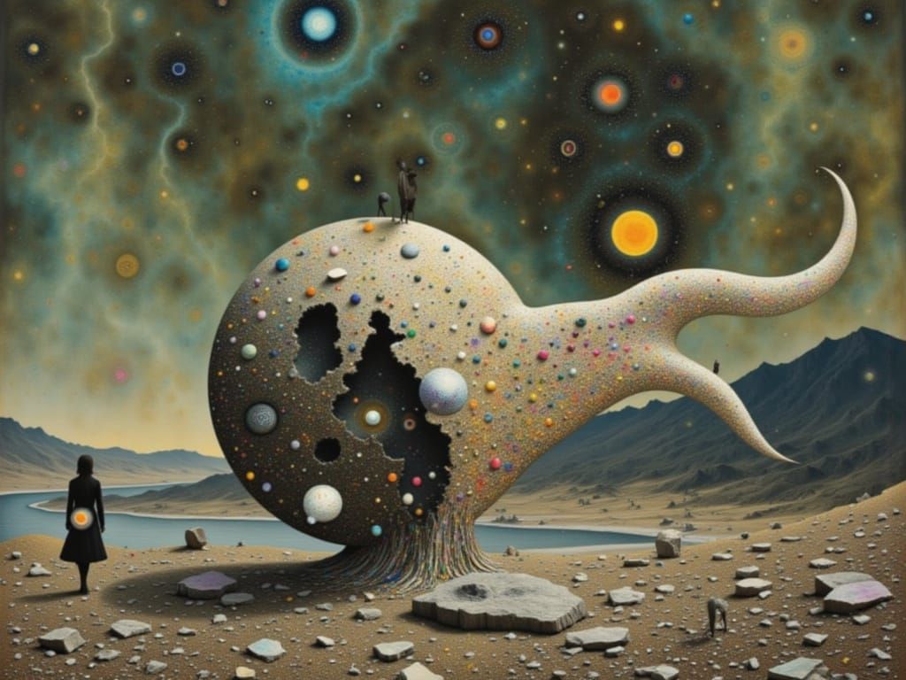 Surreal Figure Reconstructing Self on Alien Landscape