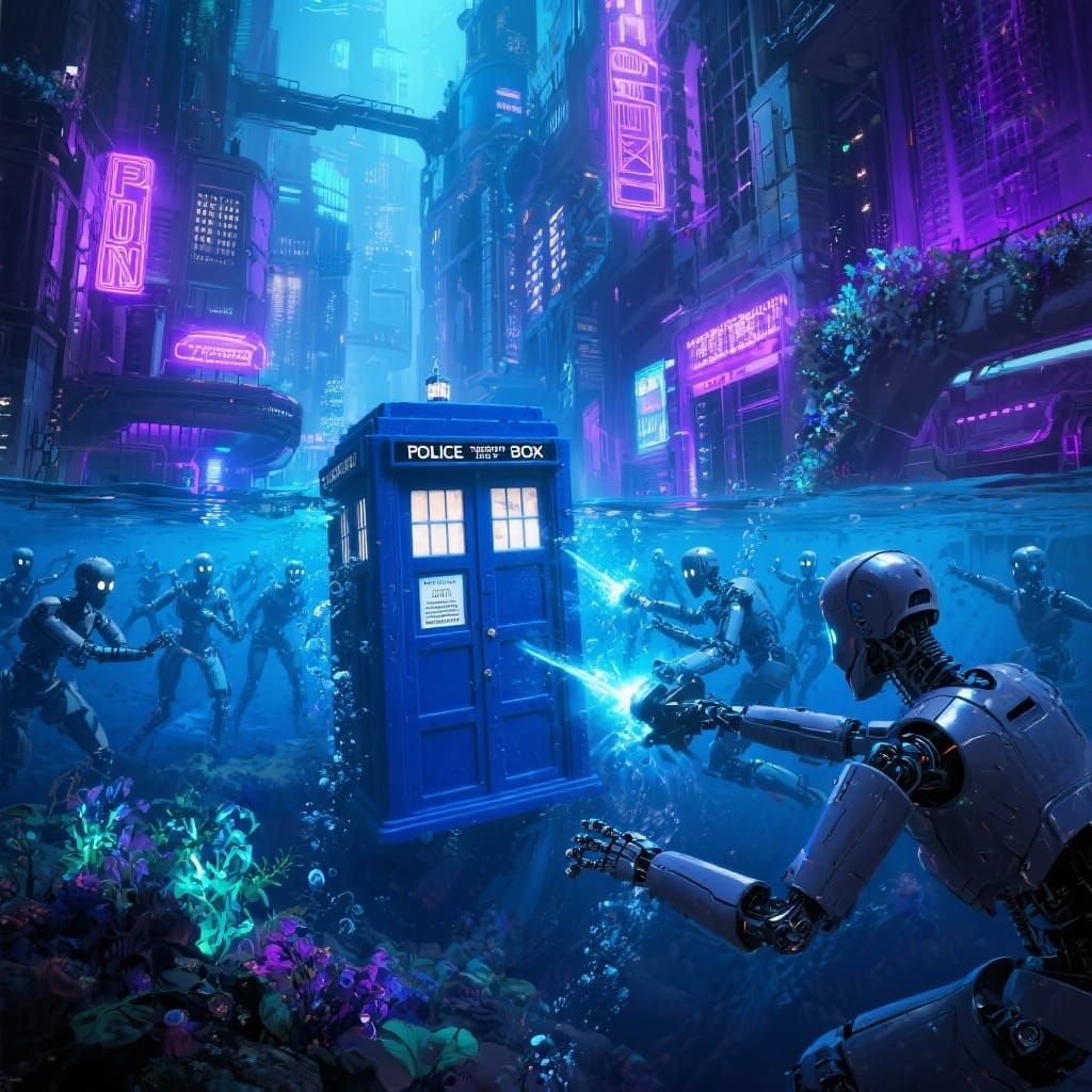TARDIS Battles Cybermen Underwater in Neon City