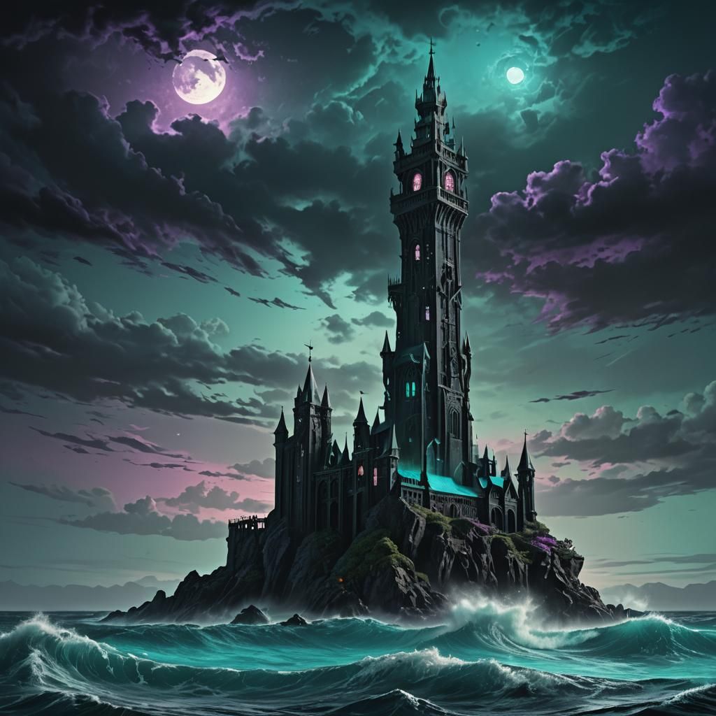 Obsidian Tower Rises from Turquoise Ocean