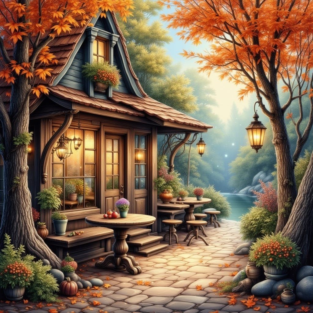 Autumn Cafe Scene as Digital Airbrushed Art