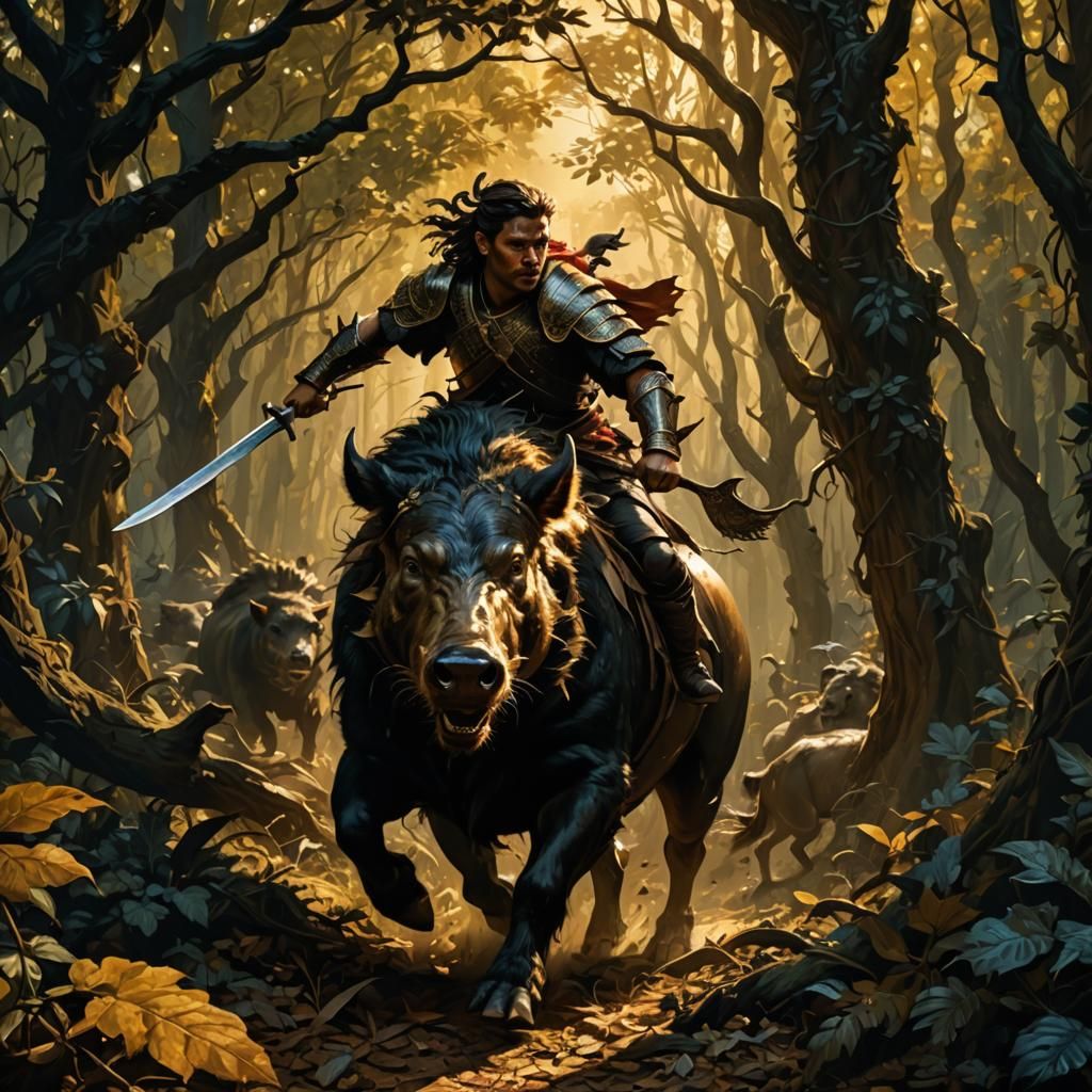 Amazon Warrior on Boar in Baroque Style