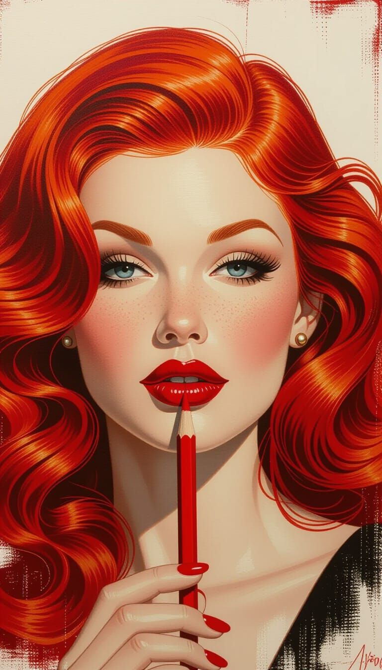 Red Pencil Coloring Woman's Hair in Surrealist Oil Painting ...