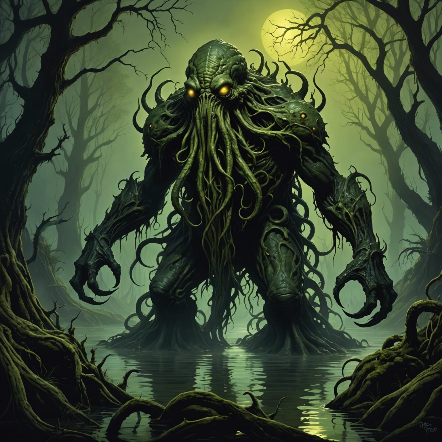 Cthulhu-esque Abomination in Haunted Swamp, Horror Art