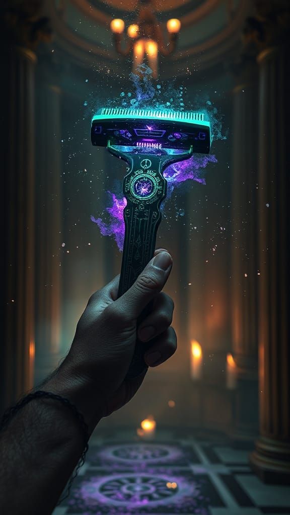 Cursed Razor Emanating Magical Energy in Gothic Bathroom