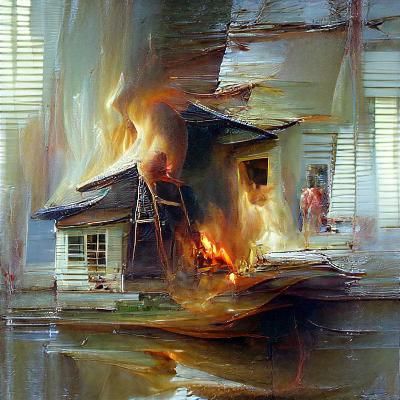 Burning House in Oil Painting Style